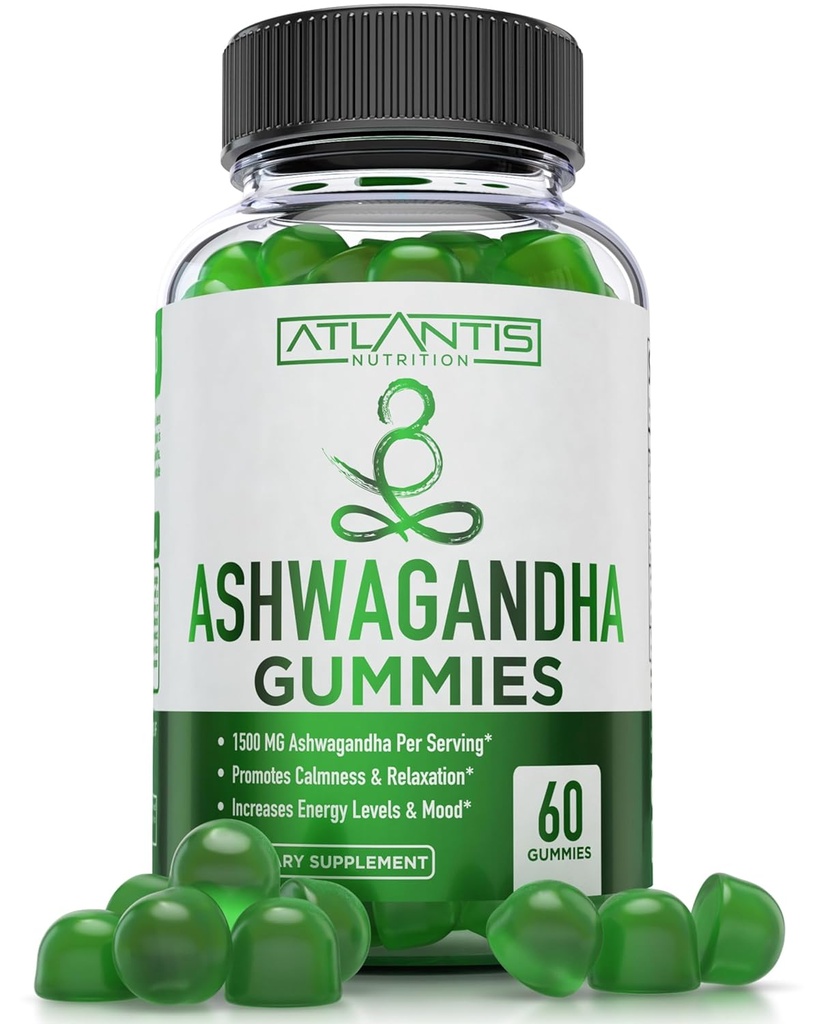 Atlantis Nutrición Ashwagandha Gummies - 1500 MG Por Serving - Promueve la calma, mejora el humor, aumenta los niveles de energía " fortalece el sistema inmunológico - Formulado con vitamina D " Zinc - Vegan tención 60 Conde