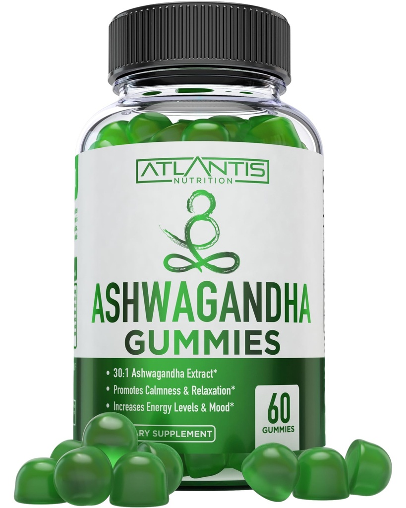 Atlantis Nutrición Ashwagandha Gummies - 1500 MG Por Serving - Promueve la calma, mejora el humor, aumenta los niveles de energía " fortalece el sistema inmunológico - Formulado con vitamina D " Zinc - Vegan tención 60 Conde