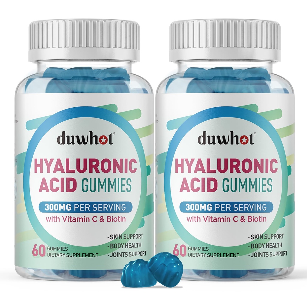Gummies de ácido hialurónico, Suplementos de ácido hialurónico con vitamina C & Biotina 5000mcg para la piel, el cabello, salud de uñas, suplementos conjuntos para hombres de mujeres, bajo azúcar, vegano, no GMO, 60 condes