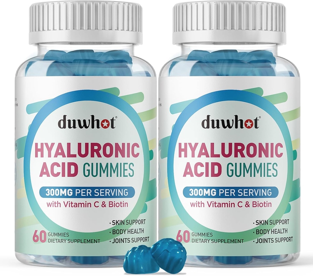 Gummies de ácido hialurónico, Suplementos de ácido hialurónico con vitamina C & Biotina 5000mcg para la piel, el cabello, salud de uñas, suplementos conjuntos para hombres de mujeres, bajo azúcar, vegano, no GMO, 60 condes