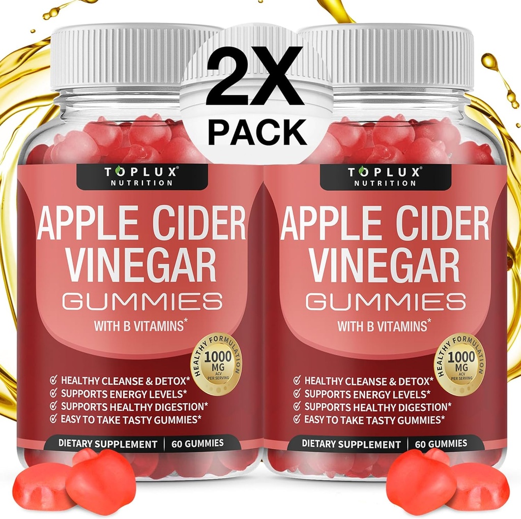 Toplux Apple Cider Vinegar Gummies - 1000mg ACV with B12, Beet Root, Pomegranate for Immune System, Detox & Cleanse, Gummy Alternative to Apple Cider Vinegar Capsules, for Men Women 2X Pack