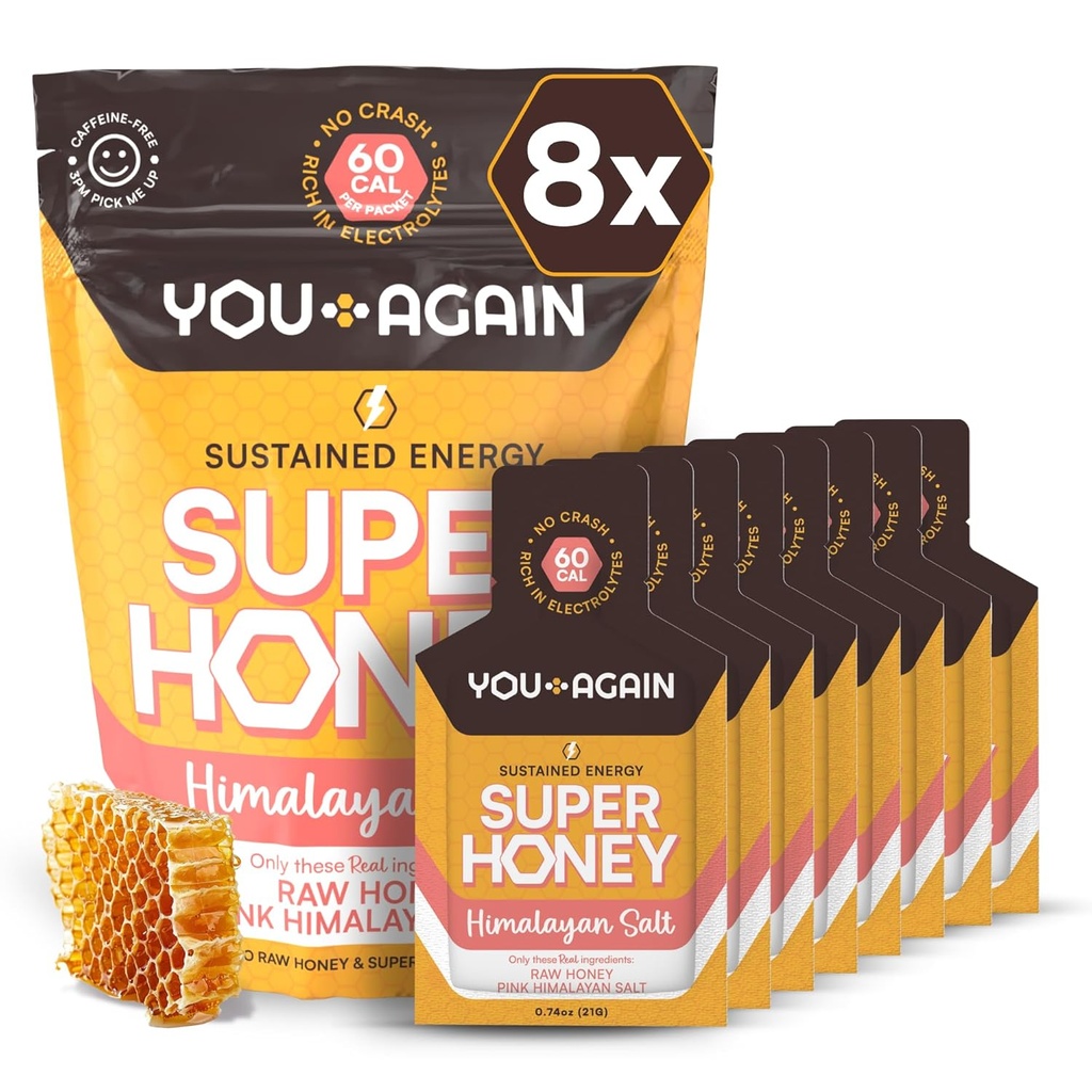 You Again Super Honey Clean Energy Gel, Honey & Himalayan Salt ← Electrolyte Replenishment Running Fuel ← Endurance Workouts " Cycling Gel ← Paleo " Carnivore Snack TEN Gluten-Free TEN USA Made TEN 8-Pack