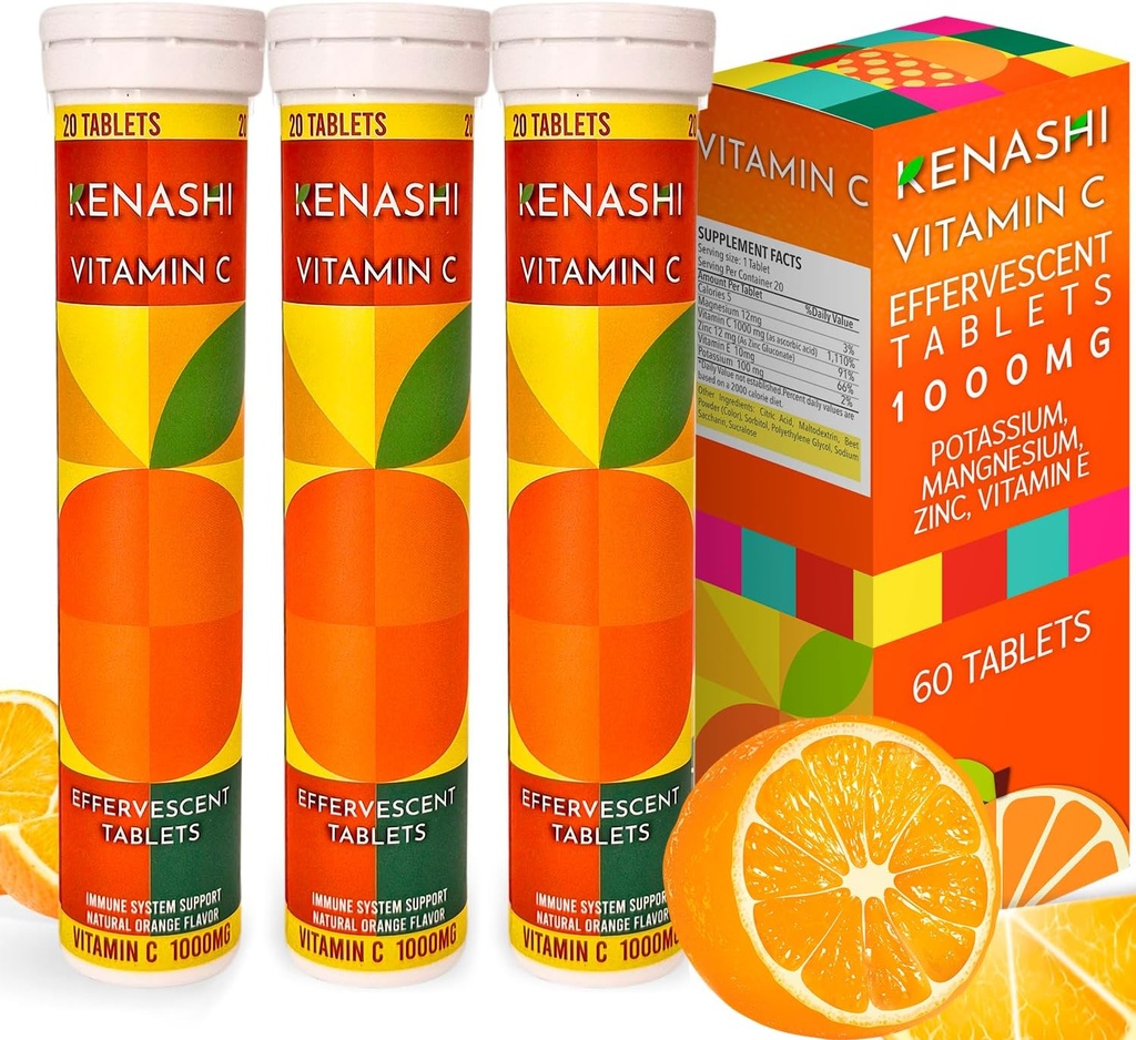 Vitamina C Tablas efervescentes 1000 mg con zinc magnesio Vitamina E & potasio Vitamina C Efervescente 60 Tablas 3 Pack Vitamina C
