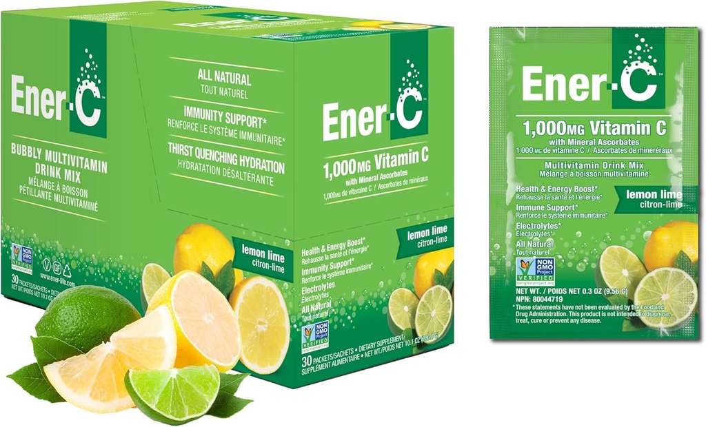 Mezcla de bebidas multivitamínicas ener-C - Packets de vitaminas para agua, paquetes de pólvora de electrolitos, mezcla de vitaminas, mezcla de líquido hidratante, boóster inmune para adultos, energía sana - limón, 30 conde