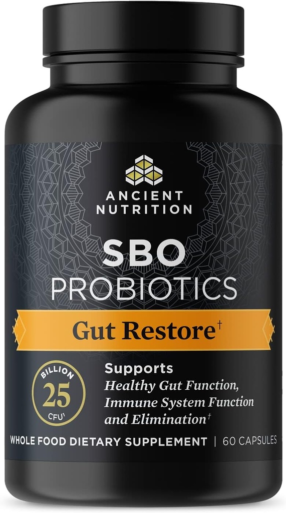 Ancient Nutrition Probiotics, SBO Probiotics Gut Restore 60 Ct, Promotes Gut Health, Digestive and Immune Support, Gluten Free, Ancient Superfoods Blend, 25 Billion CFUs* Per Serving