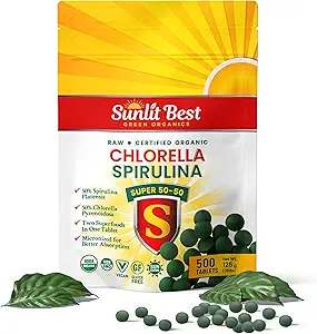 Sunlit Super 50/50 Organic Chlorella Spirulina Tablets - Super Suplemento para Immune Support, Gut Health, Mood & Energy - Rich in Chlorophyll, Amino Acids & Vegan Protein, 500 Superfood Tabs