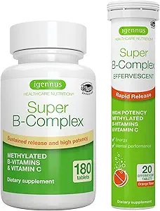 Super B-Complex Bundle, 180 Sostened-Release Tablets & 20 Orange Flavor Effervescent Tablets for Fast Energy On The Go, by Igennus