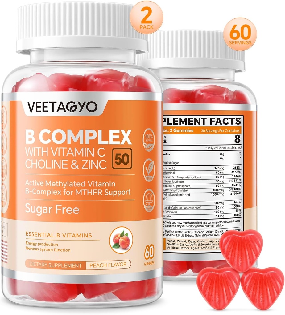 Complejo B 50 Gummies , Complejo B Meditado con Vitamina C,Choline & Zinc - Active Methylated B-Complex for Energy,Metilado Soporte - Todas las vitaminas B - B1,B2,B3,B5,B6,B7,B9,B12 - Sugar Gratis,120 Conteo