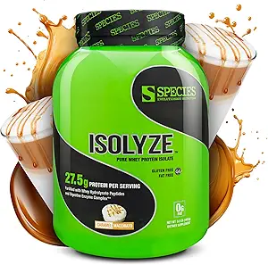 Especies Nutrición Isolyze Whey Protein Powder, 100% Whey Isolate for Muscle Building, 27.5g Protein Por Scoop, No Sugar & Low Fat (Caramel Macchiato, 44 Servings)