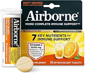 Airborne 1000mg Vitamina C con Vitamina D &amp; Zinc, Sugar Free Multivitamin Immune Support Suplemento, Antioxidantes Vitaminas A C & Vitamina E, 10 Tablas Effervescentes, Zesty Orange Flavor