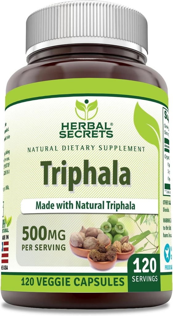 Herbal Secrets Triphala Suplemento TEN 500 Mg Por Serving TEN 120 Veggie Capsules ← Non-GMO TEN Gluten Free TEN Made in USA