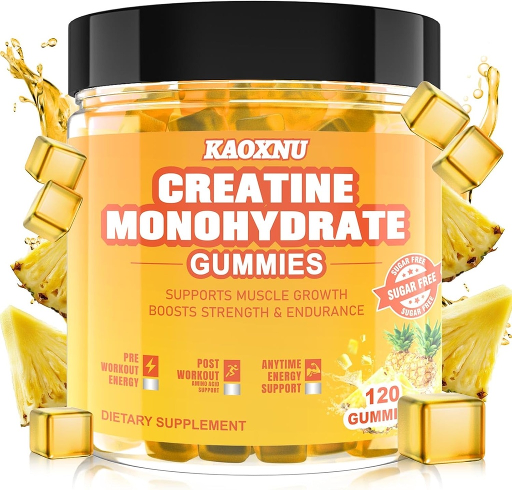 Cretina Monohydrate Gummies 5600mg para Hombres &amp; Mujeres, 120 CT Chewable Creatine Gummies para Muscle Support, Energy Boost, 5.6g de Creatine Monohydrate por Serving - Sugar Free, Vegan (Pineapple Flavor)