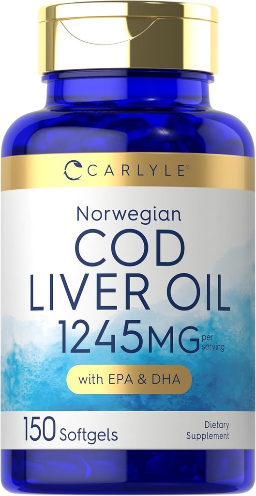 Carlyle Norwegian Cod Liver Oil Silencioso con EPA &amp; DHA Silencio 1245mg Silencio 150 Softgels ← Capsules líquidos