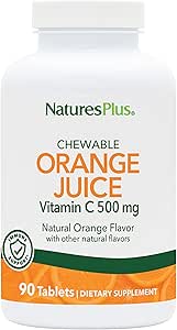 Natures Plus Orange Juice Chewable Vitamina C - 500 mg, 90 Tablets - High Potency Immune & Vascular Health Support Supplement, Antioxidant - Gentle On Stomach - Vegetarian, Gluten-Free - 90 Servings