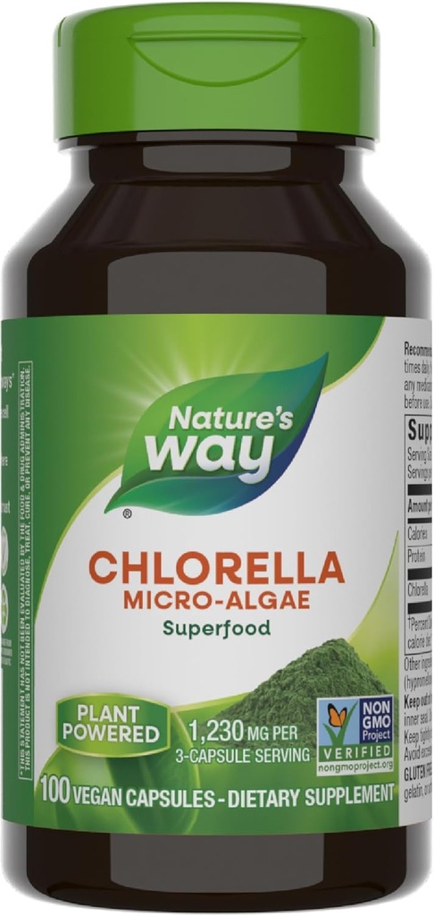 Camino de la Naturaleza Chlorella Micro-Algae, Superalimentos, Soporta Vías Antioxidantes*, 1.230 mg por Servicio de 3 cápsulas, Vegan, Proyecto No GMO Verificado, 100 cápsulas (Paquete Mayo Vary)