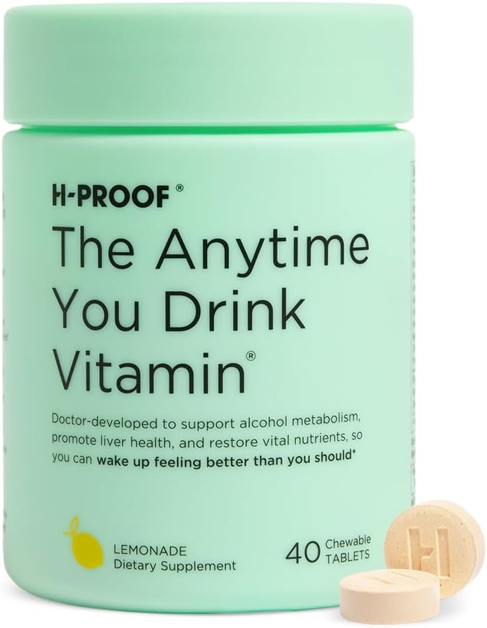 H-PROOF El tiempo que usted bebe Vitamina, Salud del hígado &amp; Immunity Support with Electrolytes, Milk Thistle, and Vitamins B &amp; C - 40 Chewable Tablets (20 Servings), Vegan, Lemonade
