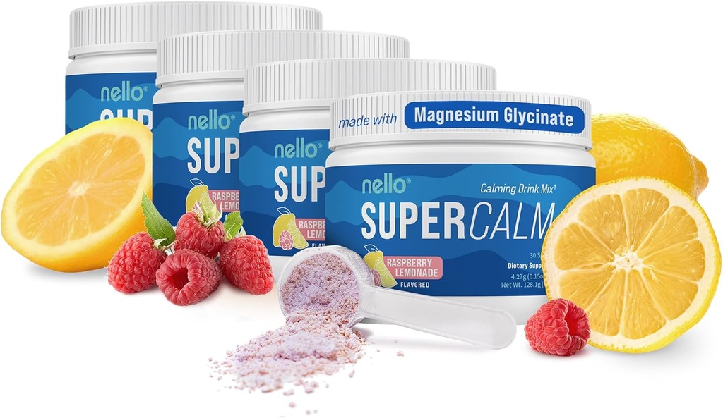 Nello Supercalm Drink Mix - Ashwagandha KSM 66, Magnesium Glycinate, L-Theanine, Vitamin D3 - Ashwagandha Root Extract, Magnesium & L-Theanine Supplement - 30 Servings - 4 Pack