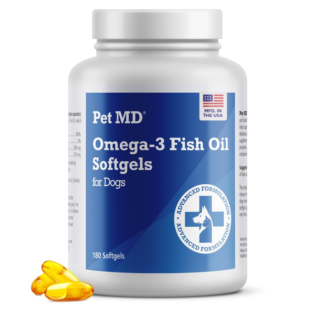 Pet MD – Omega 3 Fish Oil Supplement for Dogs – Skin and Coat Support for Dogs – 180 Softgels