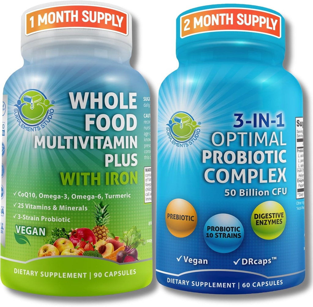 Got &amp; Immune Health Bundle - 3-in-1 Probiotic (50 Billion CFU, 10 cepas) con Enzymes Digestivos & Prebióticos &amp; Vegan Whole Food Multivitamin con hierro enriquecido con frutas & verduras - Vegan, no GMO