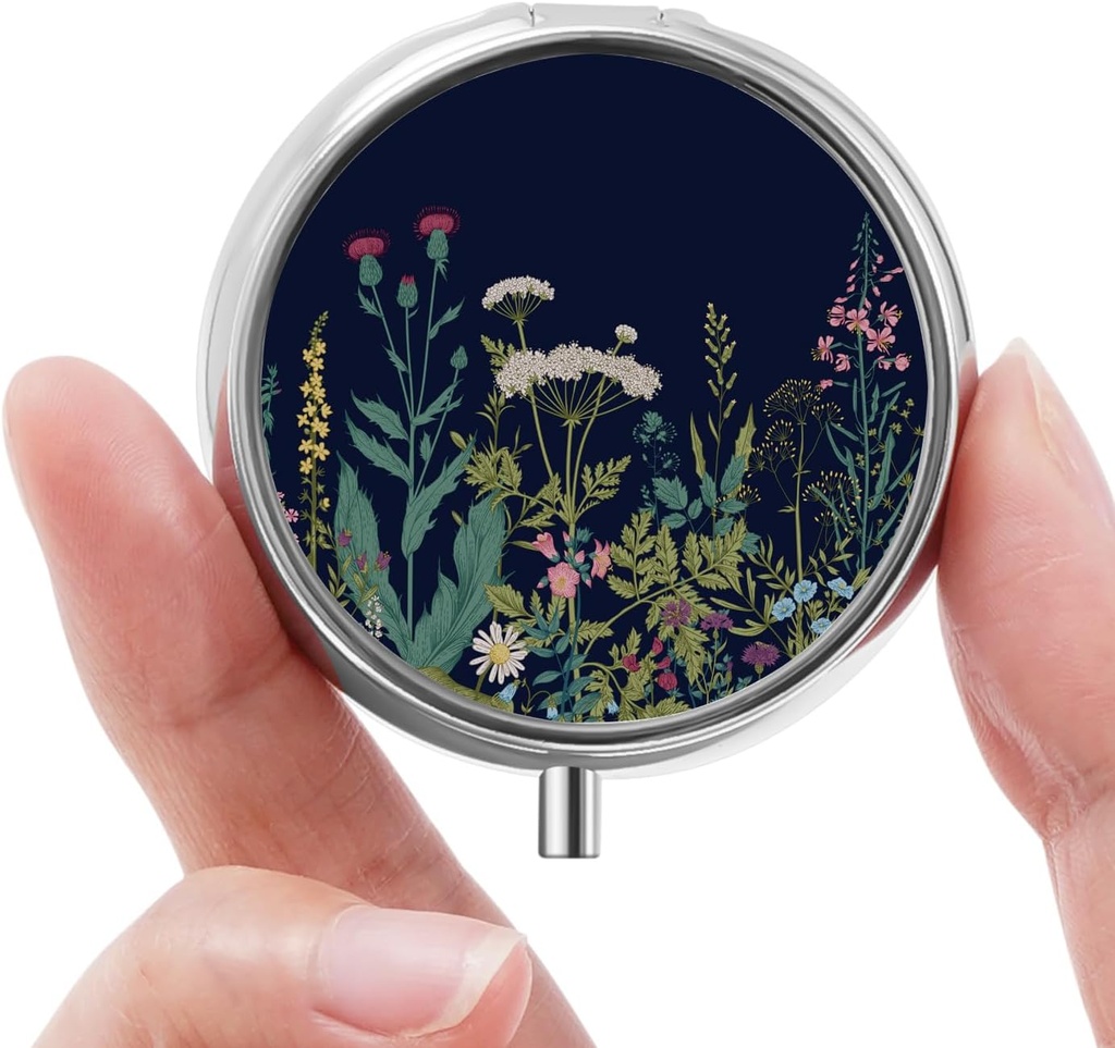 Mini Pill Box, Small Pill Box, Cute Pill Organizer for Vitamins, Medications, Fish Oil and Supplements (Black Flowers)