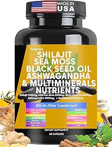 Shilajit Sea Moss Black Seed Oil Ashwagandha Burdock Vitamin C & D3 con Elderberry rhodiola rosea Dandelion Yellow Dock Turmeric ACV