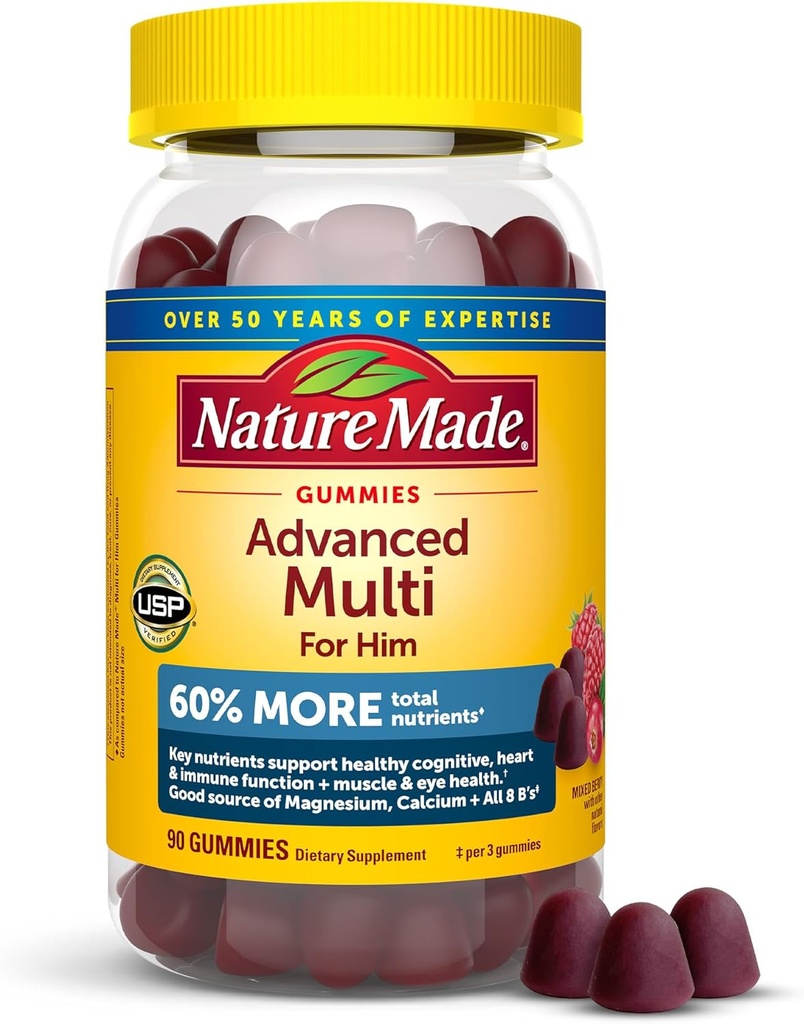 Nature Made Advanced Multivitamin Gummies for him with Magnesium Citrate, Calcium &amp; All 8 B Vitaminas, Multivitamin for Men, 90 Gummies, 30 Day Supply