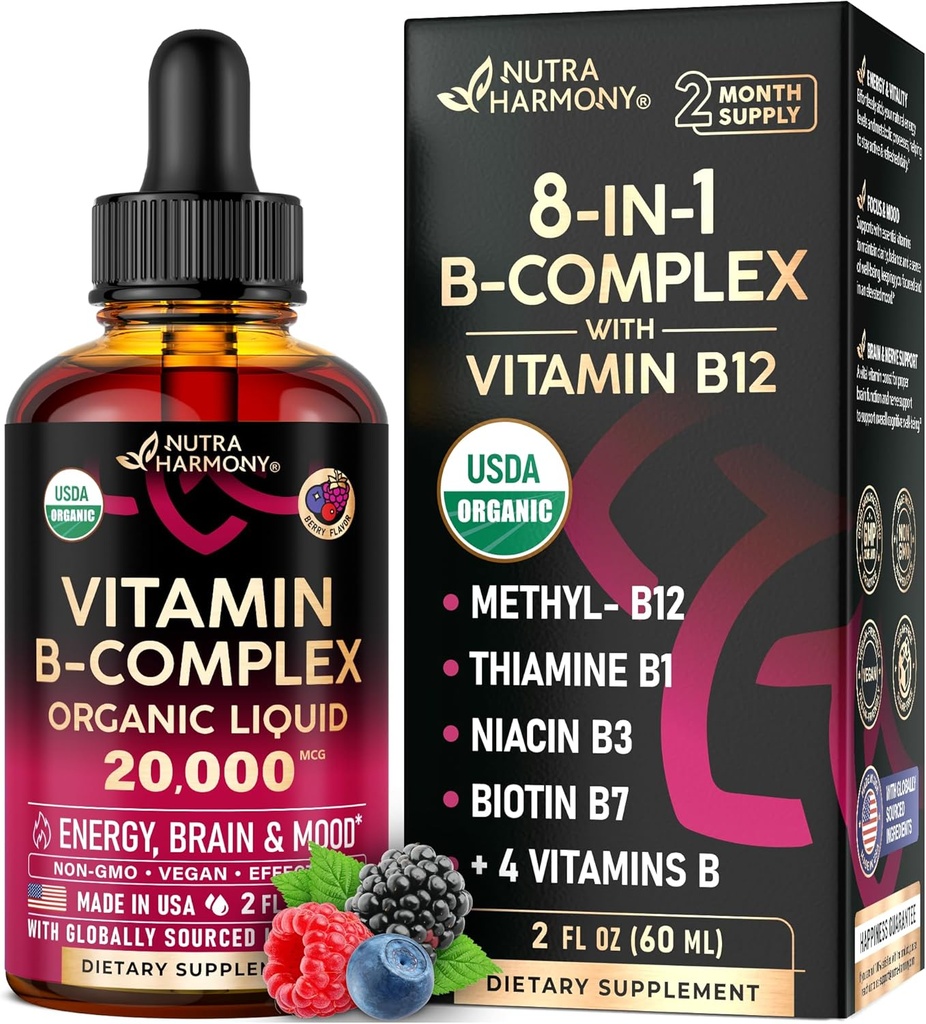 USDA Organic Vitamin B-Complex B5 Pantothenic Acid TEN B12 Methylcobalamin TEN B1 Thiamine TEN B6 Pyridoxine TEN B7 Biotin TEN B9 Folic TEN B3 Niacinamide - B Complex Liquid Drops, Made in USA Supplement, 2fl oz
