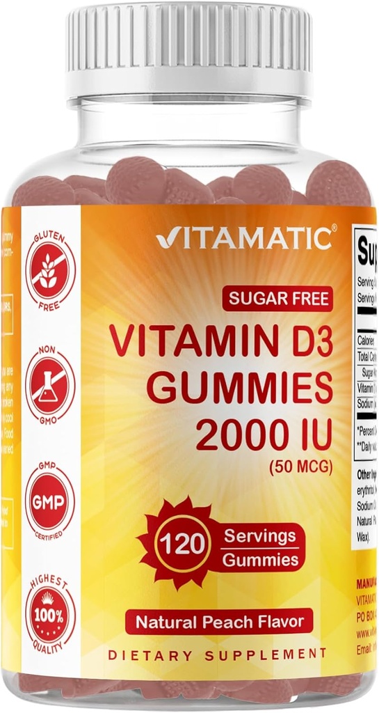 Vitamatic Sugar Free Vitamin D3 2000 UI - 120 Pectin Based Gummies - Gran sabor - Huesos saludables, Mood &amp; Immune System Function - Non-GMO - 120 Servings
