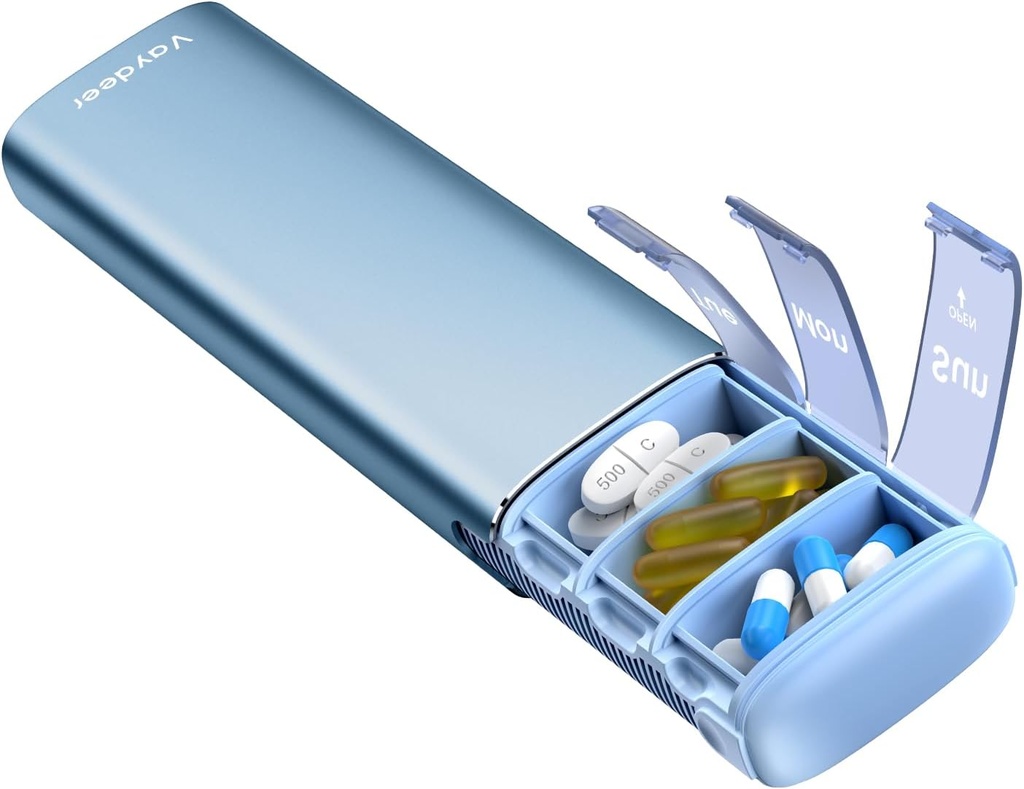 Vaydeer Metal Travel Pill Organizer, 7 Day Weekly Pill Box, Large Capacity Daily Cute Pill Fund for Supplements, Pills, Vitamins and Medication (Small,Blue)