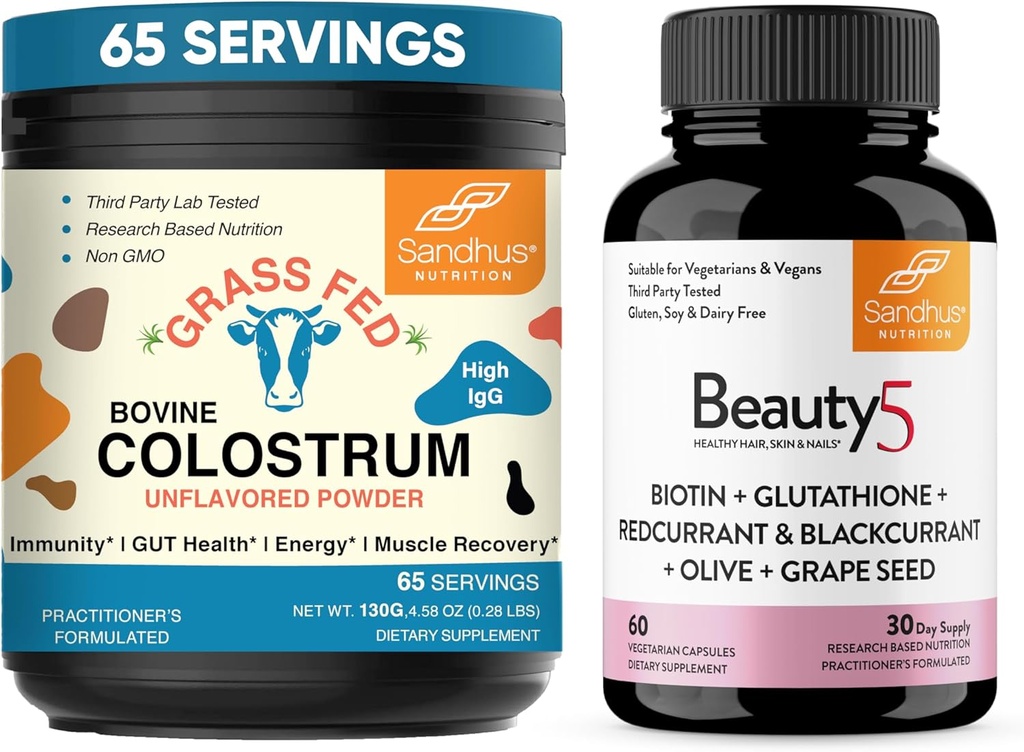 Sandhu's Pure Bovine Colostrum Powder Supplement for Humans &amp; Beauty5 Vegetarian Capsules sometido Immune, Gut, Muscle, Hair, Skin and Nail Health Support durable Non-GMO