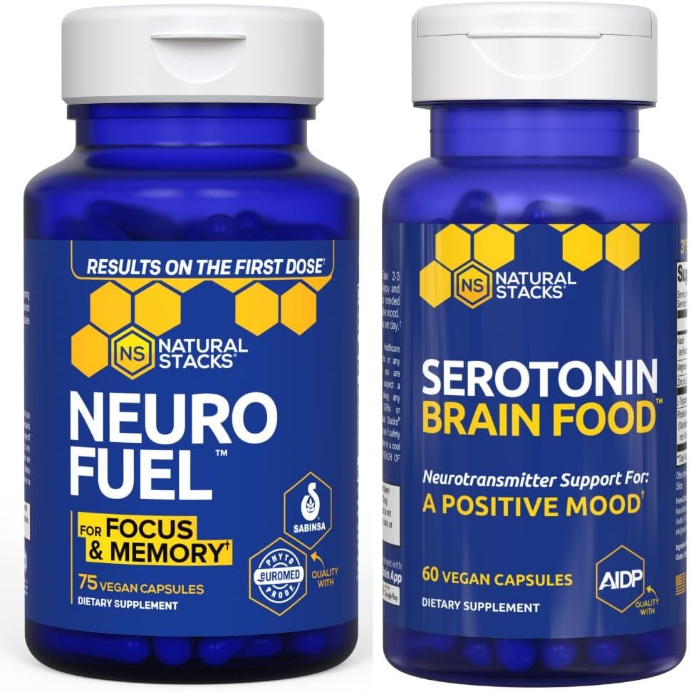 NATURAL STACKS NeuroFuel Nootropic + Serotonin Brain Food Bundle - Supports Memory, Mood & Focus* - 135 cápsulas totales