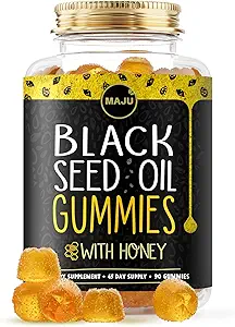 Mangas de aceite de semilla negra de MAJU con miel 90ct, 500mg BSO Gummy, Negro Cumin Seed Nigella Sativa Oil, Cold-Pressed, Fórmula de Potente, 90ct