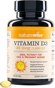 NatureWise Vitamin D3 1000iu (25 mcg) Suministro de 200 días para soporte inmunológico, función muscular saludable y salud ósea - no GMO, sin gluten en aceite orgánico de oliva virgen extra, (Mini Softgel), 200 Conde