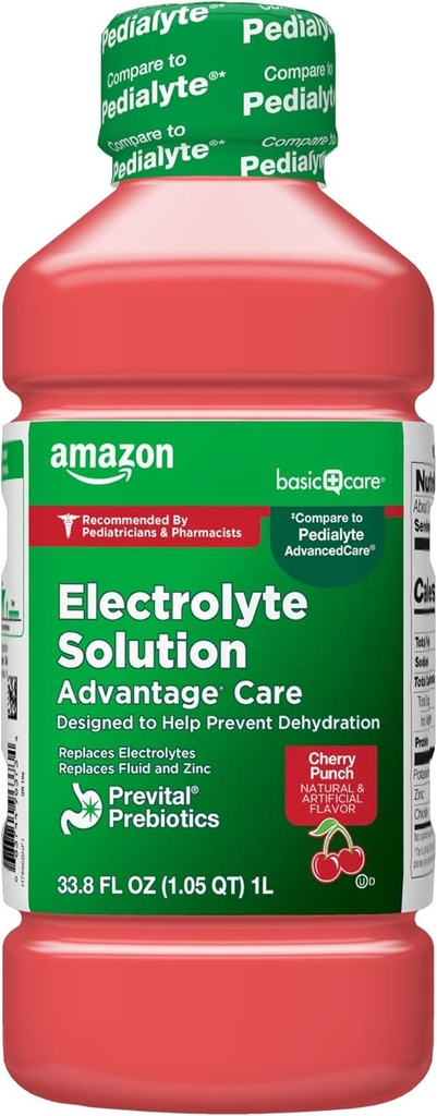 Cuidado básico Electrolítico Solución Cuidado de ventaja con Prebióticos PreVitales, Cherry Punch, Diseñado para ayudar a prevenir la deshidratación, reemplaza electrolitos, fluidos y zinc, 33.8 fl oz (Pack of 1)