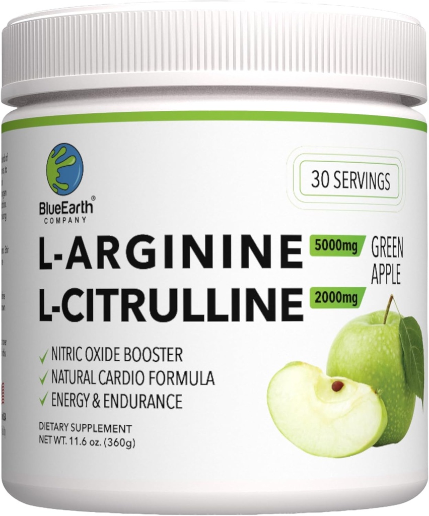 L-Arginina 5000mg + L-Citrulline 2000mg Complex Powder Supplement Drink Mix - Nitric Oxide Booster for Heart Health, Blood Flow & Energy - 30 Servings (Gran Apple)