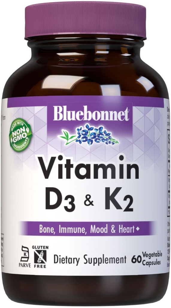 Bluebonnet Nutrition Vitamin D3 &amp; K2, Soy-Free, for Strong-Healthy Bones*, Gluten-Free, Dairy-Free, Kosher Certified, Vegetarian, 60 Vegetable Capsules, 60 Servidores