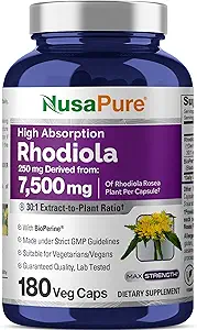 NusaPure Rhodiola Rosea 7,500mg 180 Veggie Capsules (No-GMO, Extracto 30:1, Vegan &amp; Gluten-Free) Bioperina