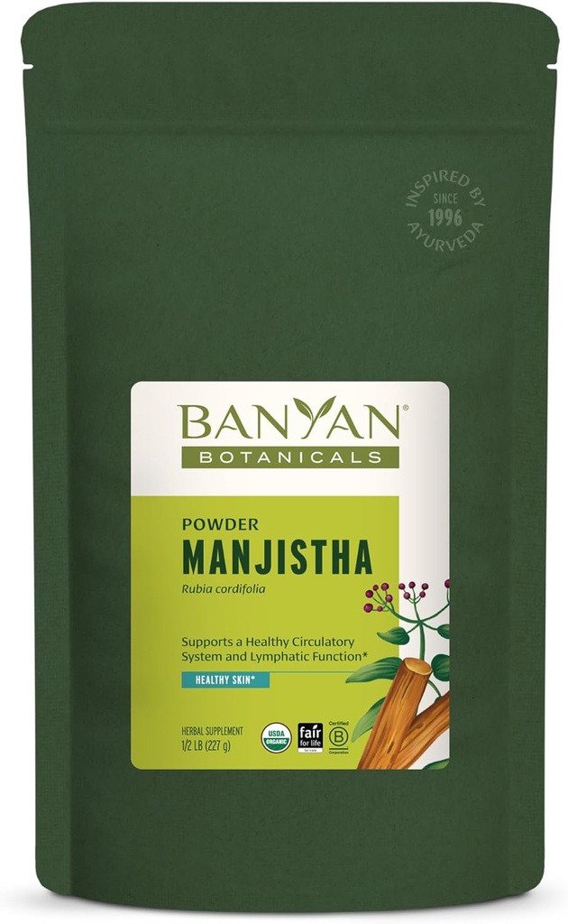 Banyan Botanicals Manjistha Powder – Suplemento Manjistha Ecológico – Limpieza de sangre ayurvédica y soporte del sistema linfático* – 1⁄2 lb. – No GMO Sosteniblemente Fuente Certified Fair for Life Fair Trade