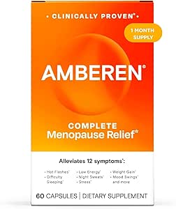 Suplemento de la menopausia ámbar para mujeres, 60 cápsulas, clínicamente probadas, ayuda a apoyar el equilibrio hormonal, ayuda a aliviar 12 síntomas de la menopausia: Flashes calientes, sudaderas nocturnas, mudas y más