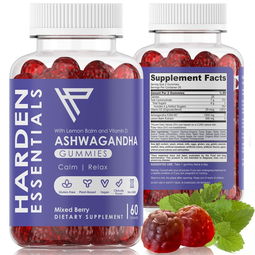 KSM-66 Ashwagandha Gummies w/Lemon Balm & Vitamin D (Max Strength 750mg per Gummy) - Herbal Vegan &amp; Gluten Gratis - Calm Mood Relaxation - Support Stress - Gummies for Adults Kids Women Men (60 Count)