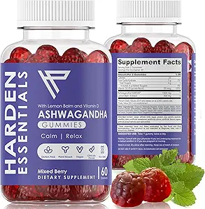 KSM-66 Ashwagandha Gummies w/Lemon Balm & Vitamin D (Max Strength 750mg per Gummy) - Herbal Vegan &amp; Gluten Gratis - Calm Mood Relaxation - Support Stress - Gummies for Adults Kids Women Men (60 Count)