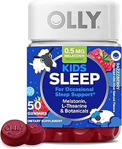 OLLY Kids Sleep Gummy, 0.5mg Melatonin, L Theanine, Chamomile, y Lemon Balm, Childrens Chewable Supplement, Raspberry - 50 Count