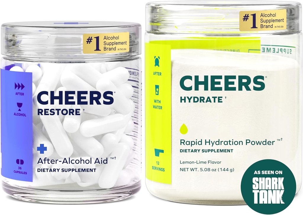 Cheers Clásico Combo Silencioso Restaurar + Hydrate ← Rehydrate " Siéntete mejor después de beber DHM, L-Cysteine, B-Vitamins, Electrolytes TEN 12 Doses Cada ¦ Liver Support ← Electrolyte Suplementos