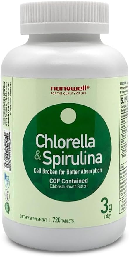 NANOWELL Chlorella & Spirulina 720 Tabletas - Clorella, Espirulina, Antioxidantes, Vitaminas, Rica en proteínas, Muro de células roto (720 Conteo)