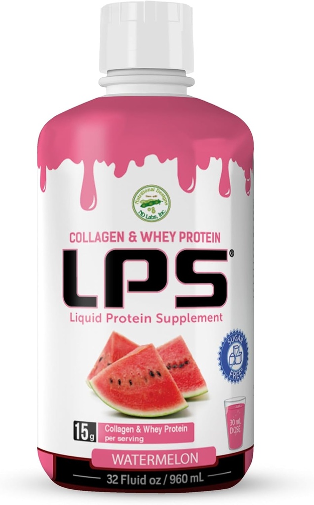 LPS Liquid Collagen &amp; Whey Protein Supplement - Sugar-Free, Dye-Free, Non-GMO Drink - Hydrolyzed Collagen & Whey Peptides Promueve la habilidad saludable &amp; Hair para hombres &amp; mujeres, sandía, 32 fl oz