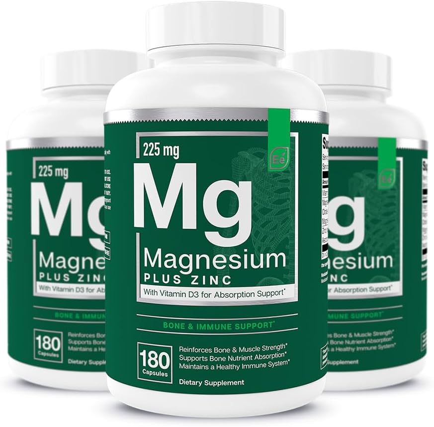 Elementos esenciales Magnesium Plus Zinc con vitamina D3 ← CorazÃ3n Formulado Científicamente, Bone &amp; Muscle Support TEN 225mg Complejo de Magnesio Triple-Fortaleza con Glycinate, Malate, Citrate TEN 540 Con