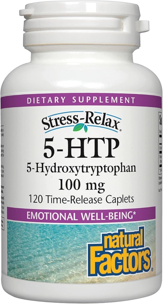 Factores naturales, Stress-Relax 5-HTP 100 mg, Suplemento Farmacéutico-Grado, soporta el sueño &amp; bienestar emocional, 120 Conde (Pack of 1)