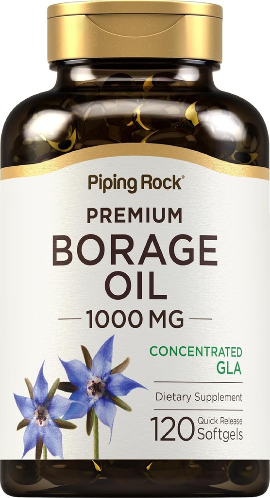 Piping Rock Borage Oil Supplement tención 1000 mg Softgel Capsules Silencio 120 Conde Silencio Cold Presionado Silencio Hexane Free ← Non-GMO, Gluten Free Supplement
