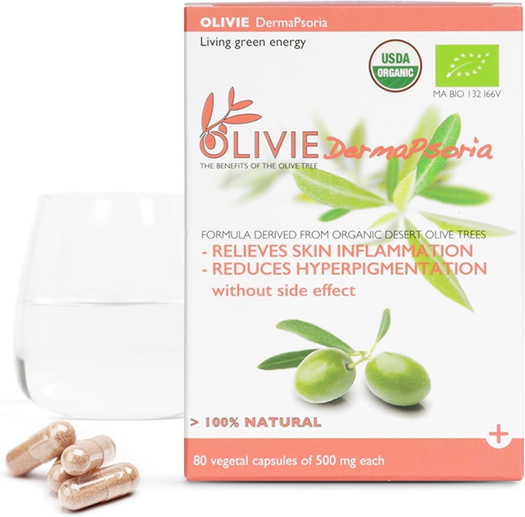 Orgánica de la hoja de oliva Suplemento para Mujeres y Hombres por OLIVIE Silencioso DermaPsoria Suplemento para la psoriasis, Eczema, Hyperpigmentation ¦ Olive Oil Capsules ← Antioxidante Polyphenols  80 Vegetal Capsules