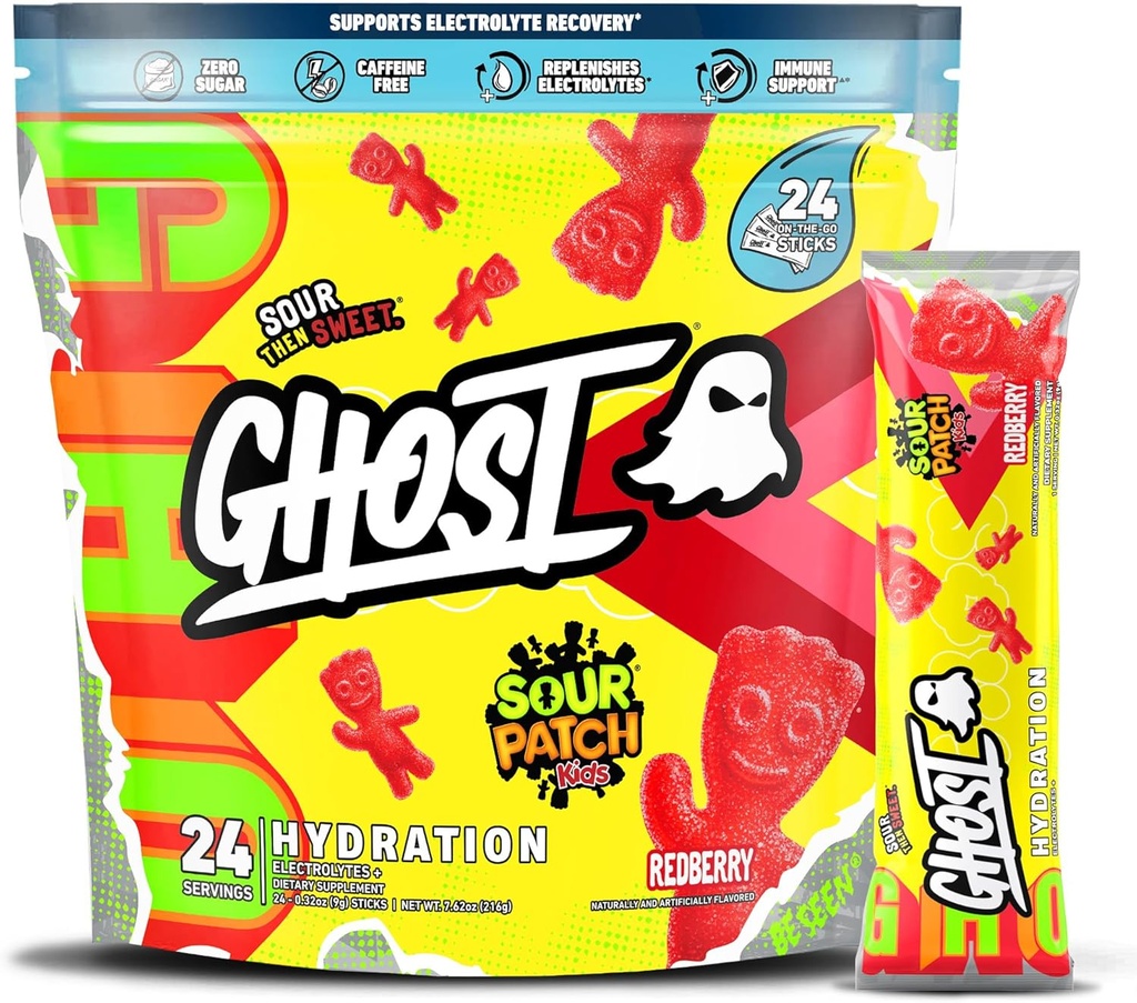 GHOST Hydration Packets, Sour Patch Kids Redberry, 24 Sticks, Electrolyte Powder - Suplemento mix con Magnesio, Potasio, Calcio, Vitamina C - Vegan, Libre de Soy, Azúcar &amp; Gluten